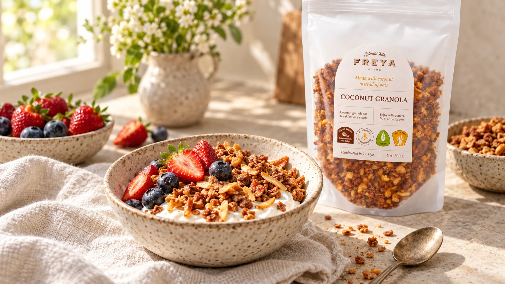 Coconut granola with yogurt and fresh berries
