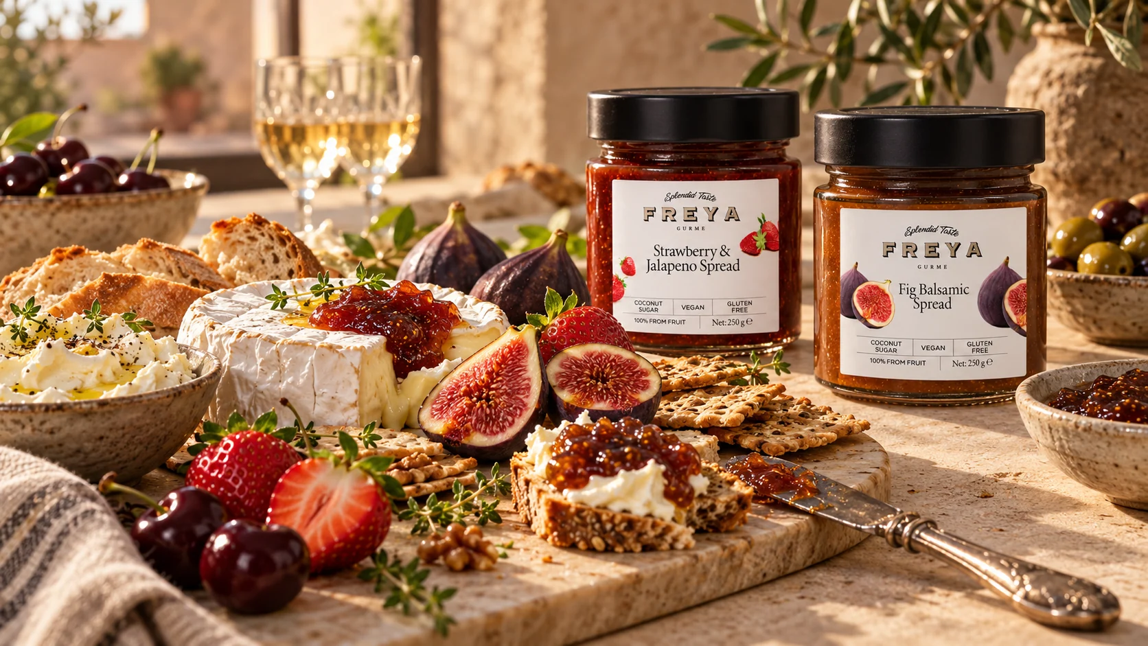 Freya fruit spreads paired with cheese, berries, and crisp bread