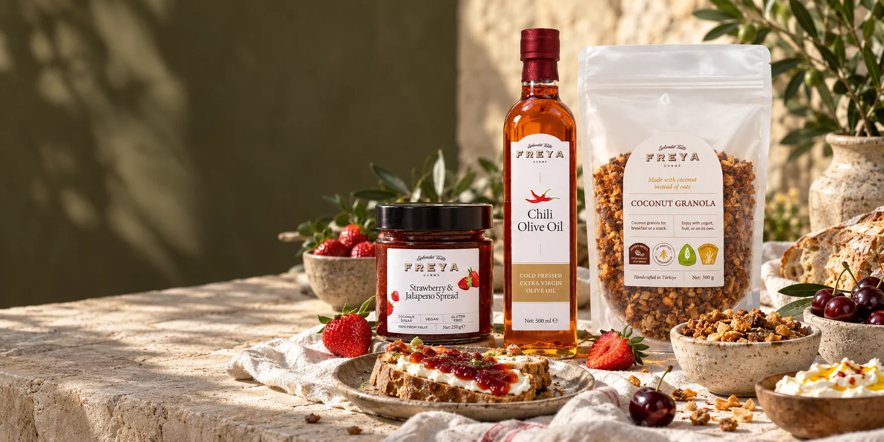 A sunlit table with Freya fruit spread, coconut granola, and chili olive oil