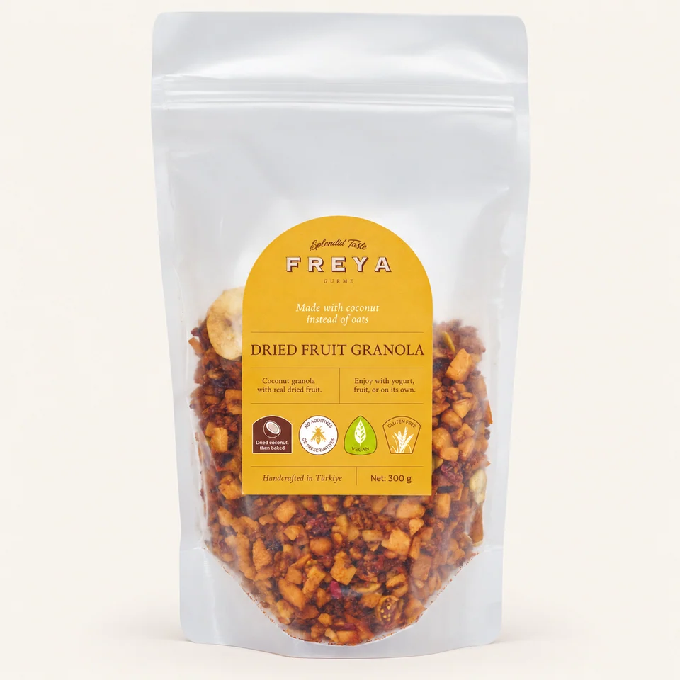 Freya Dried Fruit Granola — English label